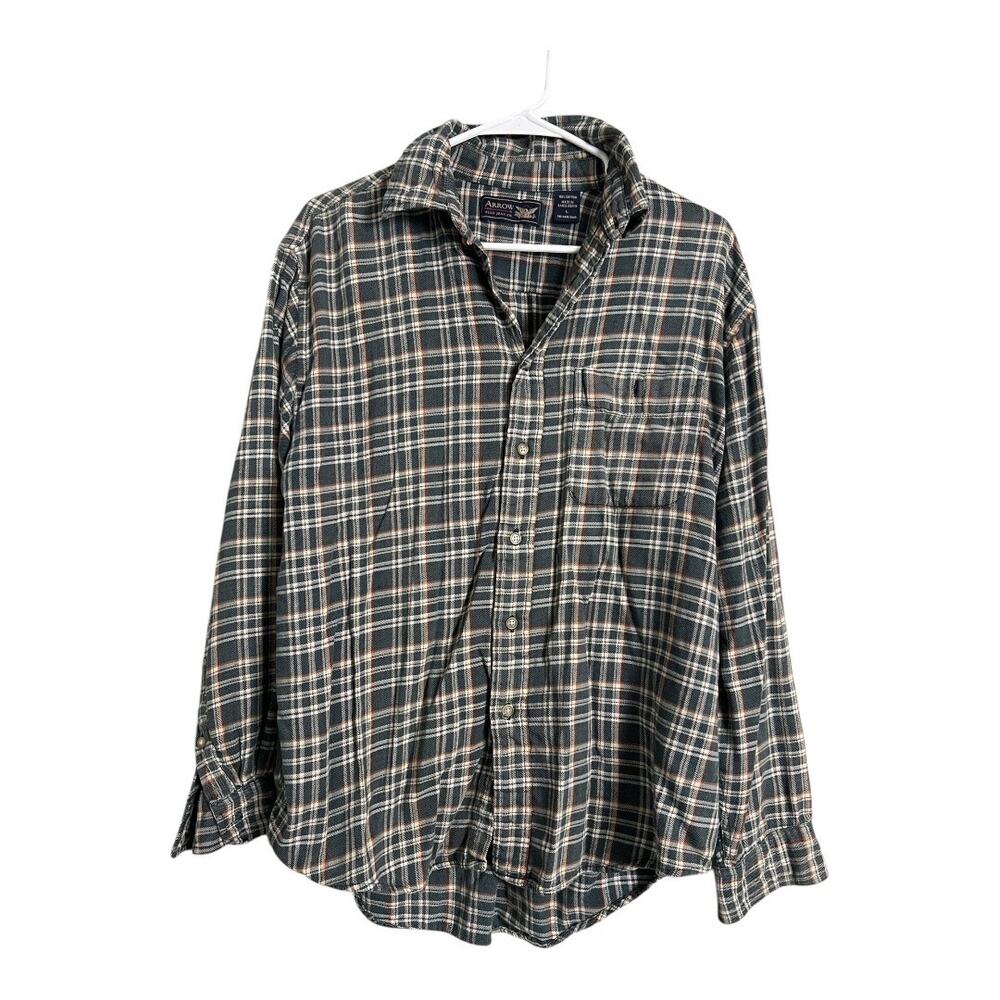 Mens Grunge Flannel Shirt Button Down Distressed Gorpcore Utility Arrow Large - Picture 1 of 7